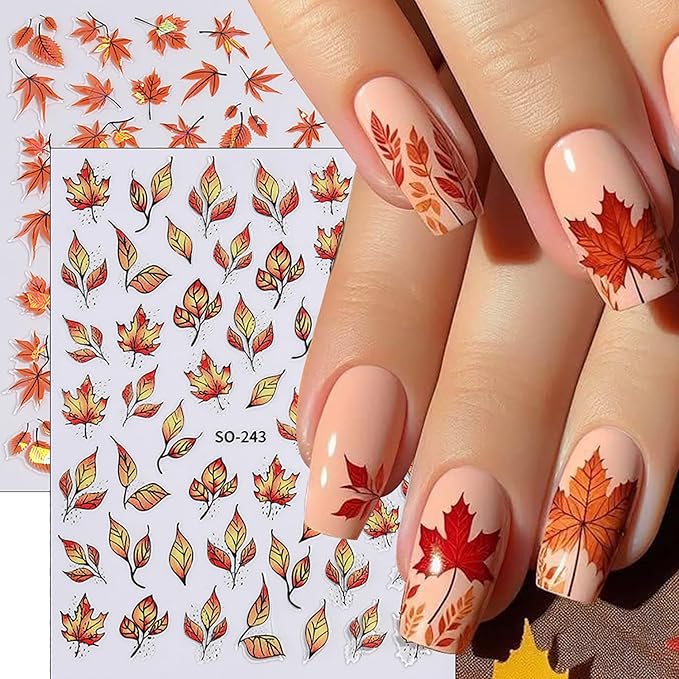 Fall Nail Stickers Laser Maple Leaf Nail Decals 6PCS Self Adhesive Pegatinas para Uñas Autumn Brown Yellow Leaves Design Nail Art Supplies DIY Manicure Supplies for Women Nail Decorations Charms