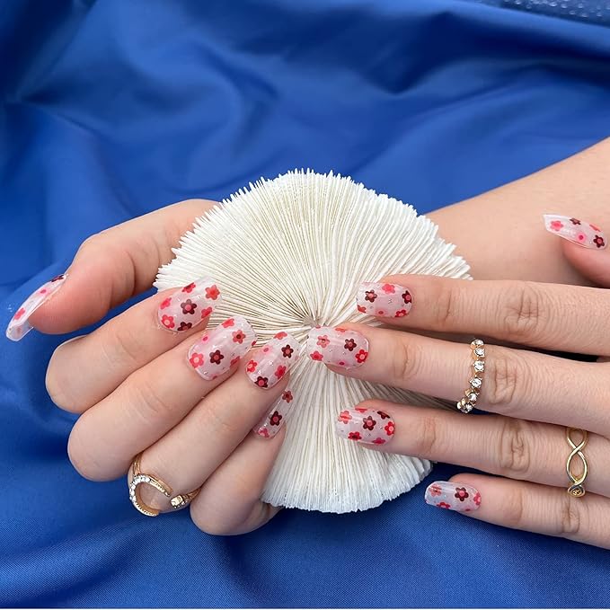 MOMSON Semi Cured Gel Nail Strips - 20 Real Gel Nail Polish Stickers/Full Nail Wraps - Art Manicure Kits for DIY at Home, Salon-Quality, Easy to Apply & Remove (Small Flowers, Orange, Red)
