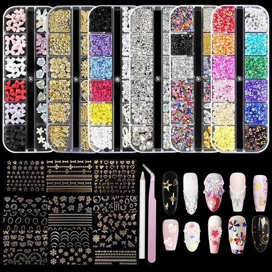 6 Boxes Nails Charms, 15 Sheets Gold Stickers, Shiny Colorful Nail Art Rhinestones Kit, 3D Nail Gems, Decals, Stickers and Pearls, Dotting Tools, DIY Accessories, Nails Decoration