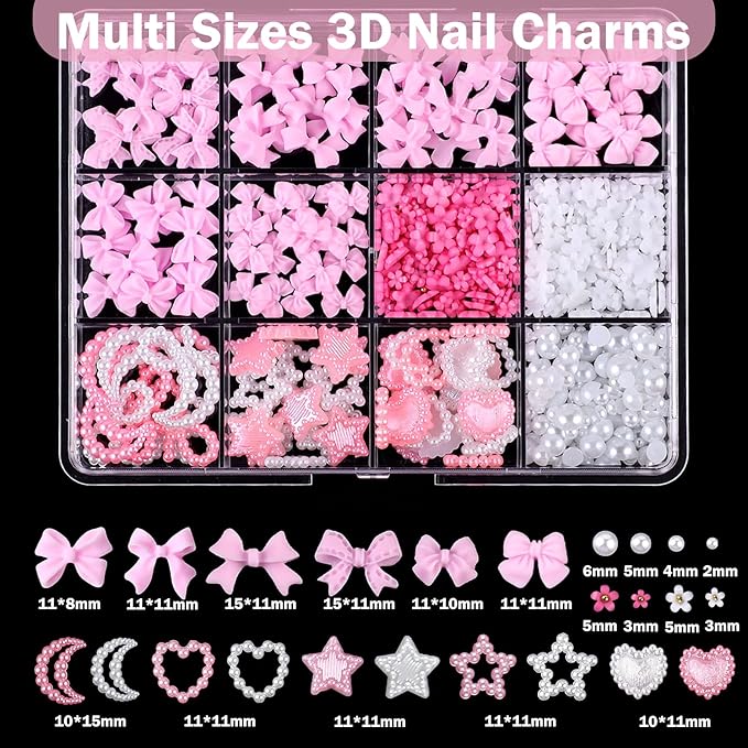 3D Nail Charms, Mixed Flower Bow Moon Heart Star Nail Art Charms Nail Art Charms, Half Round Pearl+Flatback Pink Gems+Gravel Diamond+Nail Studs, Nail Gems for Nail Art DIY Decoration with Pickup Tools