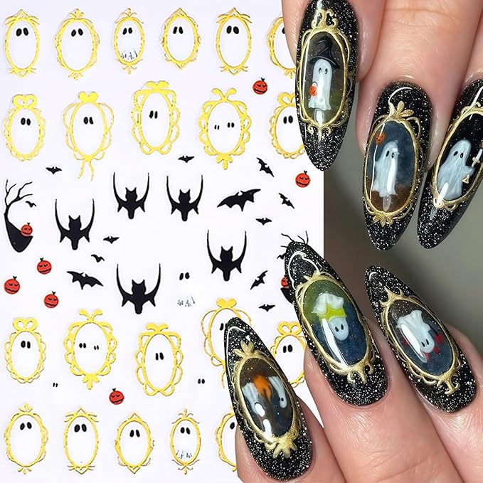 8 Sheets Halloween Nail Art Stickers Cute Ghosts Nail Decals Spooky Black Cat Flower Mirror Ghost Spider Web Design Pumpkin Bat Spider Nails Supplies Flower Ghost Nail Decor for Women DIY Manicure