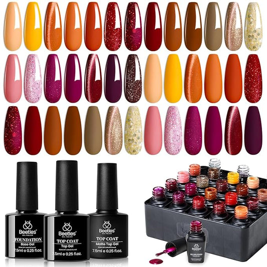 Beetles Fall Gel Nail Polish Set – Autumn Aura 20 Colors Gel Polish Kit, Burgundy Red Brown Yellow Orange Purple Cat Eye & Glitter Soak Off UV LED Manicure with Base Glossy Matte Top Coat
