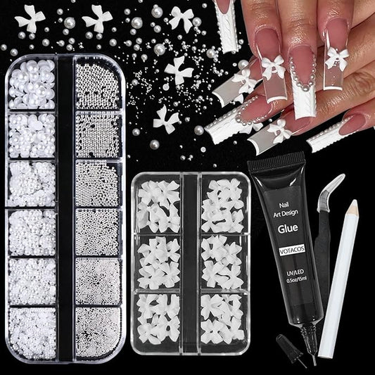 Nail Art Charms White Bow Nail Rhinestones with Glue Gel Flatback Pearls Luxurious Nails Gems Supplies Accessories White Silver Jewelry Pearls for Women Nails DIY Design