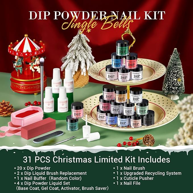 AZUREBEAUTY 31 PCS Dip Powder Nail Starter Kit Christmas, Red Green Gold Grey Acrylic Dipping Powder 20 Colors Set with Recycle Tray Top/Base Coat Activator French Nail Art Manicure Salon