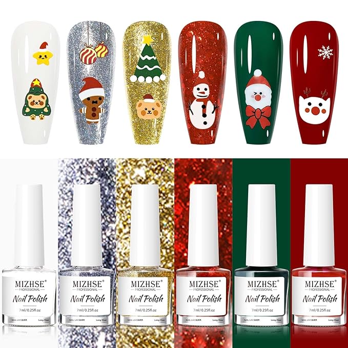 MIZHSE Quick Dry Nail Polish Set with Sticker, 6 Colors Red Green White Gold Sliver Sparkle Polish, Fast Drying Nail Polish Set Winter Manicure Christmas Gift for Women