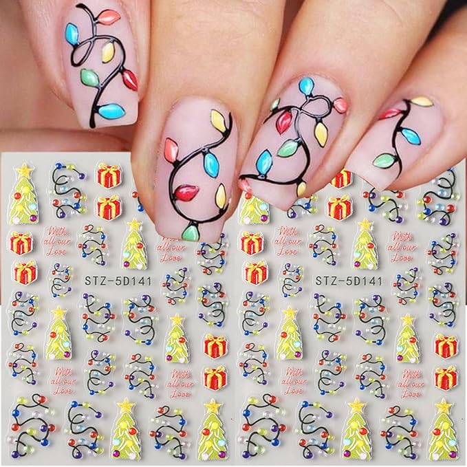 2 Sheets Christmas Nail Stickers for Nail Art Embossed New Year Light Strip Nail Art Stickers 5D Self-Adhesive Xmas Gift Nail Design Supplies Winter Christmas Tree Nail Decals for Women Holiday Decor