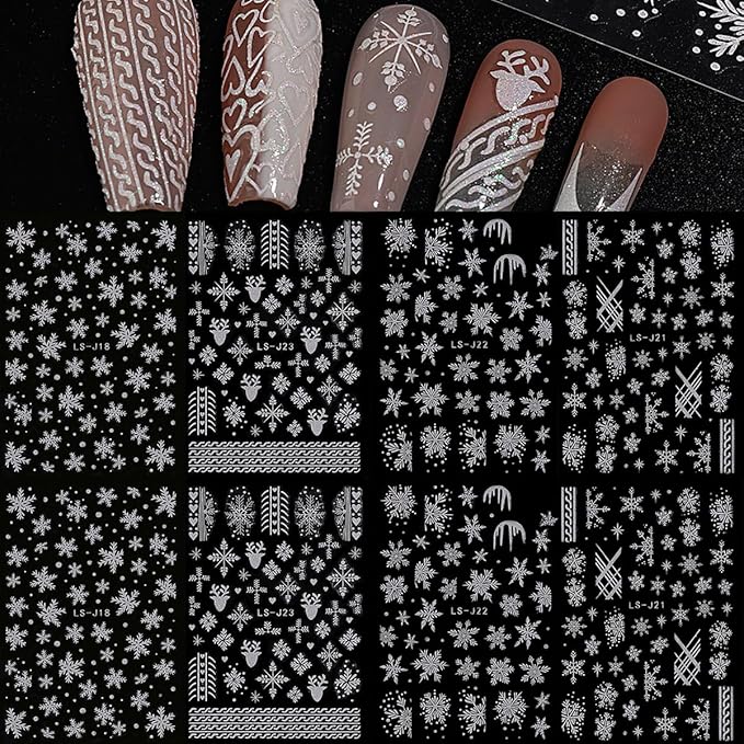 8 Sheets Christmas Snowflake Nail Art Stickers - White Glitter 3D Self-Adhesive Design for Winter Manicure - Cute Decals for Women