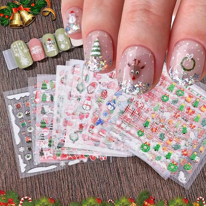 Glitter Christmas Nail Art Stickers for Set 3D Self- Adhesive Nail Supplies Snowflake Elk Santa Claus Cute Penguin Deer Snowman Nail Decals with Design Sparkly Xmas Winter Nail Decoration for Women
