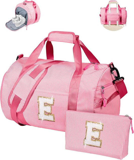 Gifts for Teenage Girls Girls Travel Duffle Bag, Kids Initial Overnight Bags with Shoe Compartment, Personalized Weekend Bag with Makeup Pouch, Cute Stuff for Granddaughter (Letter E)