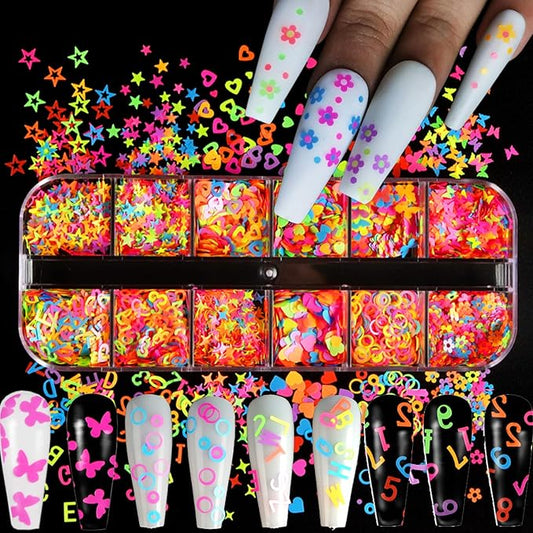 Fluorescent Glitter Nail Art Sequins, Holographic 3D Glitters Flakes Design, Love Heart Butterfly Flowers Letters Stars Circle Supplies for Women Manicure Charms Decorations DIY Resin Nail Art Tips