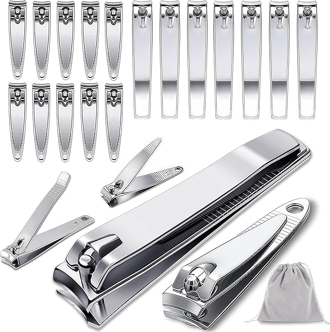 20-Pack Stainless Steel Fingernail & Toenail Nail Clippers Bulk Set - 12 Small + 8 Medium Size with Storage Pouch, Manicure Kit for Men/Women Travel, Gifts, Homeless Care Supplies