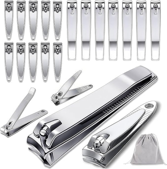 20-Pack Stainless Steel Fingernail & Toenail Nail Clippers Bulk Set - 12 Small + 8 Medium Size with Storage Pouch, Manicure Kit for Men/Women Travel, Gifts, Homeless Care Supplies
