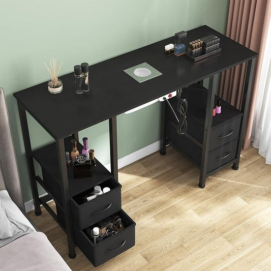 Manicure Table for Nail Tech, Nail Tech Table Station w/4 Storage Drawers & 2 Open Shelves, Nail Table w/Dust Collector for Beauty Salon Tech Station (Black PU)