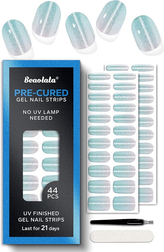 Pre Cured Gel Nail Strips - 44PCS Salon Quality Gel Nail Stickers - Long Lasting Polish Wraps for Women no UV Light Needed Easy Apply& Remove (Fairy Dust Green）