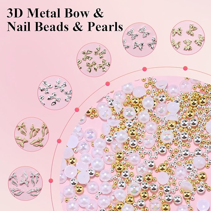 3D Metal Bowknot & AB Pearl and Mini Beads Nail Art Kit - Gold/Silver Alloy Bowknot, 1-2mm Stainless Steel Caviar Beads, 3mm Half Pearls for Professional Salon & DIY Manicure Jewelry Designs (Set 3)