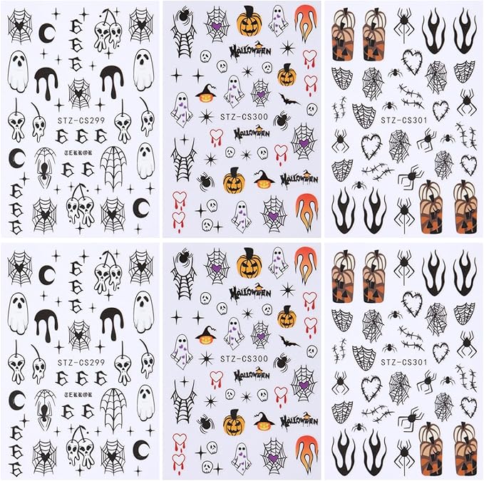 6Sheets Halloween Ghost Nail Stickers for Nail Art Set - 3D Skull Spider Heart Pumpkin Flame Star Cartoon Cute Designs Nail Decals Foil Transfer Sliders Holiday Party Halloween Manicure Decorations