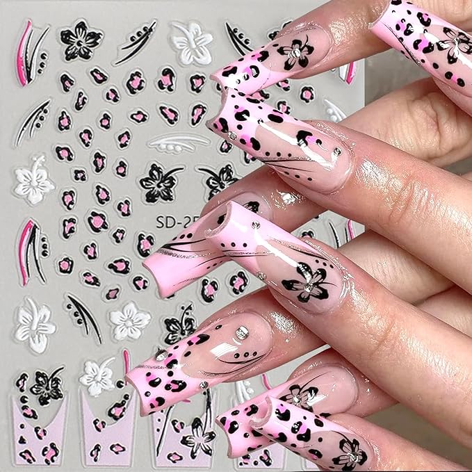 6Sheets Leopard Print Nail Art Stickers 5D Embossed Colorful Lily Flower Nail Decals Self-Adhesive Leopard Print French Tip Nail Sticker Cute Floral Decal for Women Manicure Decoration Accessories