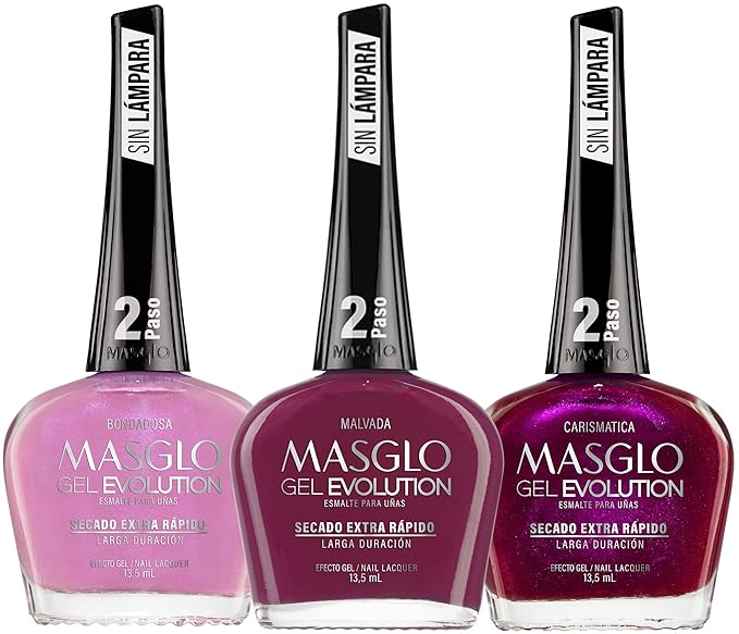 MASGLO Gel Evolution – Set of 3 Nail Polishes No UV/LED Lamp Needed, Fast-Drying, 12-Day Wear, 14-Free Formula, High-Gloss Finish, vegan (0.5 oz Each)
