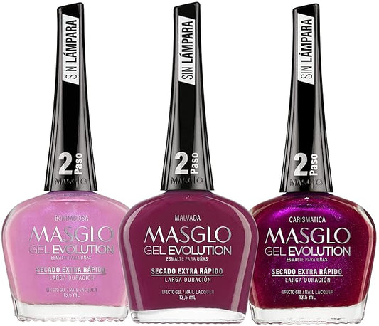 MASGLO Gel Evolution – Set of 3 Nail Polishes No UV/LED Lamp Needed, Fast-Drying, 12-Day Wear, 14-Free Formula, High-Gloss Finish, vegan (0.5 oz Each)