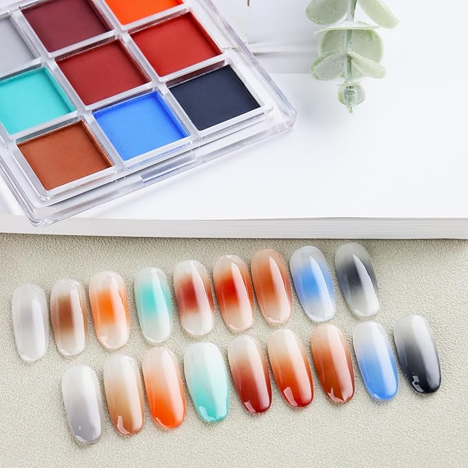 Nail Powder Pigment Palette - 9 Colors Ombre Gradient Nails - Ultra Fine Powder - Includes 5 Sponge Sticks, 1 Brush