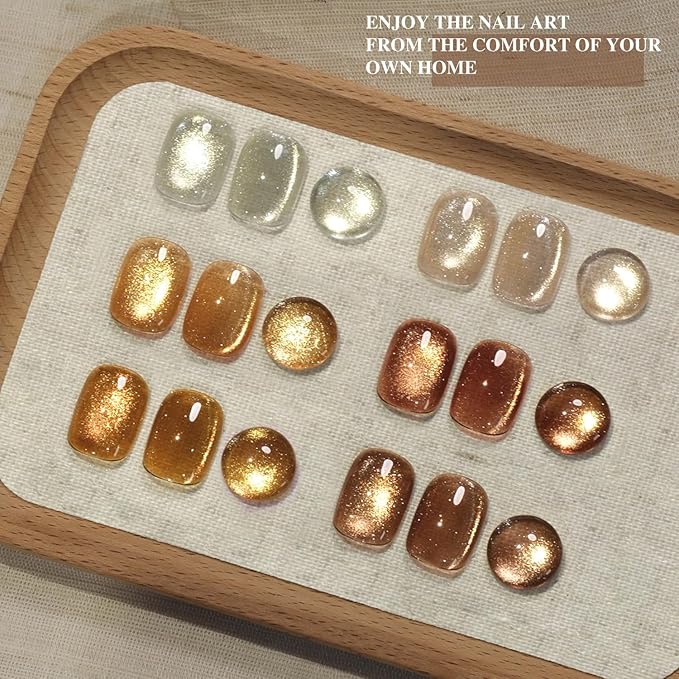 GAOY Glitter Cat Eye Gel Nail Polish Set with Magnet, Gold, Brown, Sliver Holographic Cat Eye, Salon Gel Manicure and Nail Art DIY at Home, Sunshine