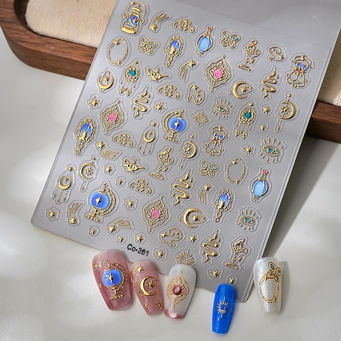 Shiny Metallic Nail Stickers,3D Glitter Gold Luxury Nail Art Design Star and Moon Stickers Metal Starlight Nail Decals Self Adhesive Nail Art Supplies DIY French Manicure Decoration for Women