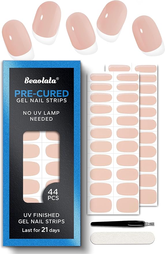 Pre Cured Gel Nail Strips - 44PCS Salon Quality Gel Nail Stickers - Long Lasting Polish Wraps for Women no UV Light Needed Easy Apply& Remove (Coconut Milk Nude)