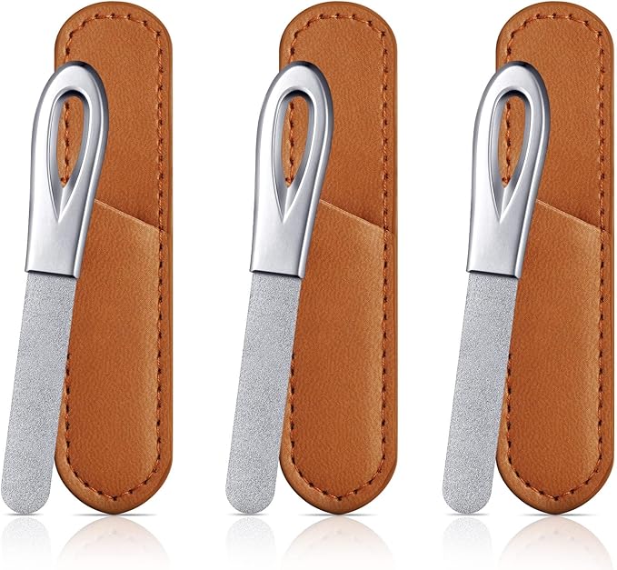 3 Pieces Stainless Steel Nail Files with Leather Case Double Sided Nail Files Non Slip Handle Grit Diamond Fingernail File Easily Grinding Metal Nail File Emery Boards for Natural Nails (Brown)