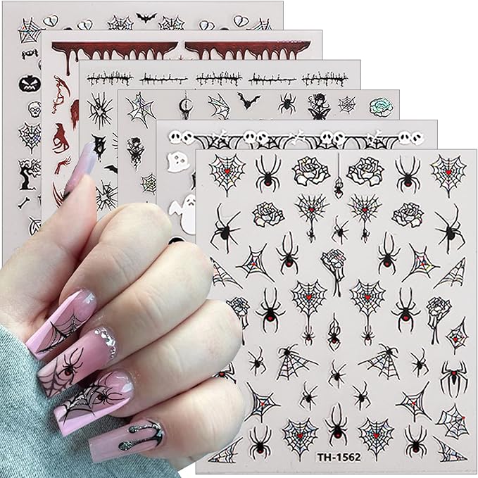 6 Sheets Halloween Bat Spiders Nail Art Stickers Black White Ghost Nail Decals Pumpkin Spider Web Skull Design Goth Nails Sticker Halloween Nails Decoration for Women DIY Holiday Manicure Supplies