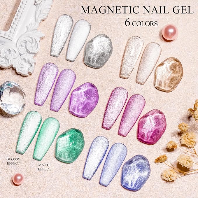 MEET ACROSS Ice Cat Eye Gel Nail Polish Set Magnetic Cat Eye Gel Nail Polish Set Soak Off UV LED Light Starry Sky Effect Magic Nail Polish Kit Manicure Nail Art Gift Kit 6 Colors Free Magnet Stick