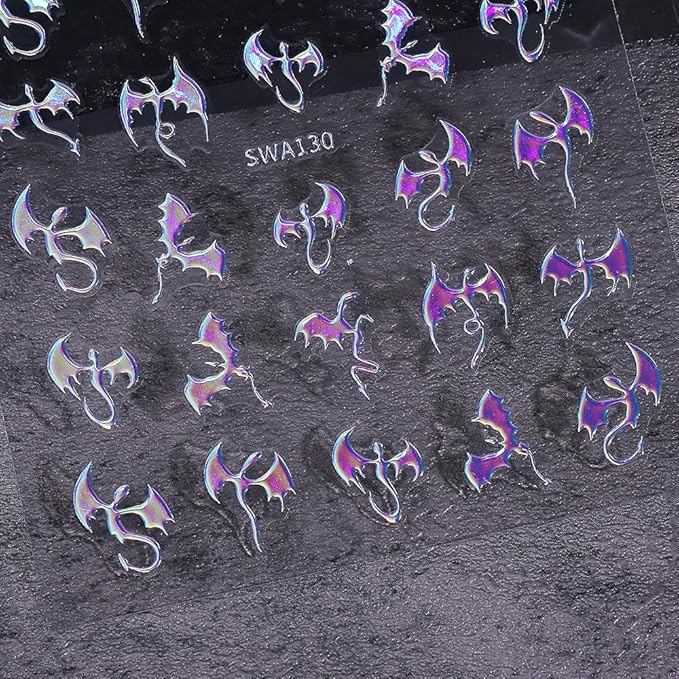 Halloween Nail Stickers 3D Metallic Dragon Nail Art Stickers 6PCS Laser Silver Gold Bronzing Fly Devil Bat Halloween Theme Design Self-Adhesive Nail Decals Accessories for Holiday Nail Art Decorations
