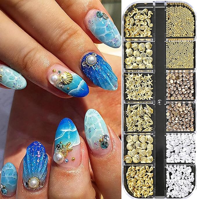 12Grids Summer Metal Nail Art Charms 3D Gold Starfish Shell Conch Nail Charms Sparkly Golden Rhinestone Seahorse Nail Art Jewelry White Pearls Nail Jewelry Ocean Theme Designs Nails Supplies for Women