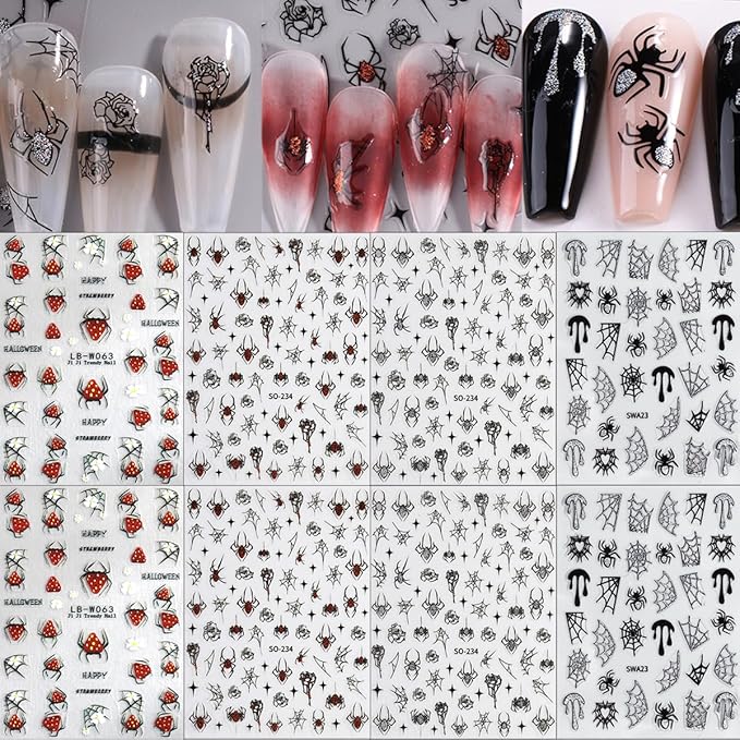 8 Sheets Strawberry Spider Halloween Nail Stickers - 3D Self-Adhesive Decals for Nail Art Design - Red, Black, Silver French Nail Art Supplies for Women