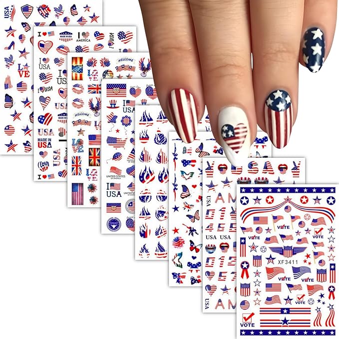 8 Sheet 4th of July Nails Art Stickers American Independence Day Nail Stickers 3D Self-Adhesive Nail Decals Heart Balloon Design American Flag Nails Supplies for Women Manicure