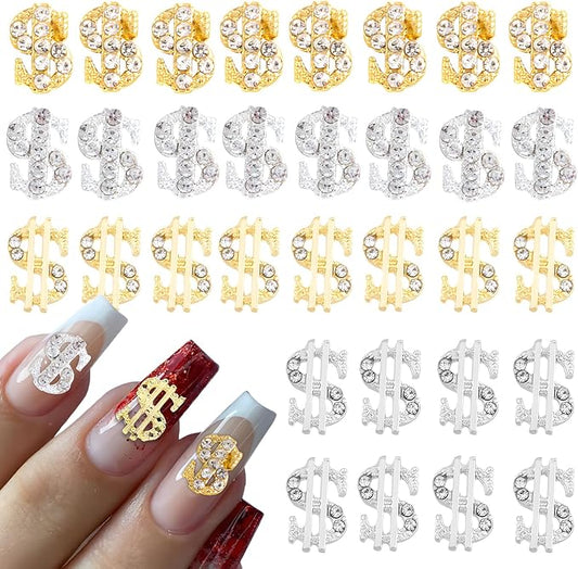 32 Pcs Money Dollar Nail Charms 3D Silver Money Dollar Nail Rhinestone Shiny Gold Dollar Nail Art Gems Alloy Design for Women and Girls Nail Decoration for DIY Acrylic Nails, Namrec-22