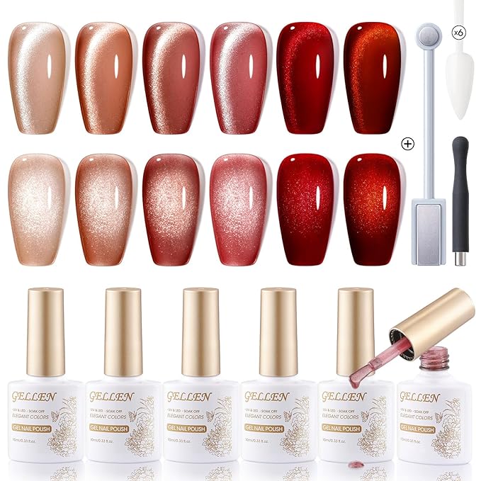 Gellen Glitter Cat Eye Gel Nail Polish Set 6 Colors Red Burgundy Gel Nail Polish with Magnet UV LED Soak Off Sparkle Nail Polish Kit Magnetic Gel Polish Set for DIY Nail Art Women Valentine’s Day Gift