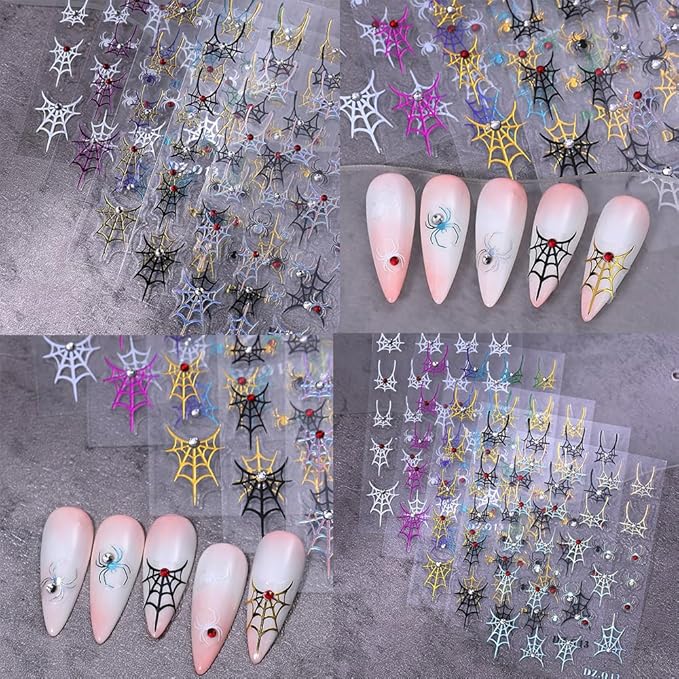 5 Sheets Halloween Nail Stickers for Nail Art, 5D Embossed Diamond Self-Adhesive Colorful Spider Web Nail Decals, Ghost Nail Supplies Design Accessories for Women and Girls Manicure DIY Decoration