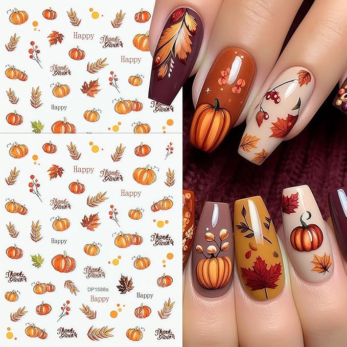 10 Sheets Thanksgiving Day Nail Stickers for Nail Art Fall Nail Sticker 3D Self-Adhesive Shiny Autumn Maple Leaf Turkey Pumpkin Nails Decals Holiday Maple Leaves Manicure Decoration for Salon Nails