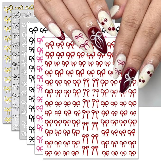 Bow Nail Art Stickers - Colorful Mini Bow Self-Adhesive Nail Decals for DIY Valentines Day Manicure (6 Sheets)