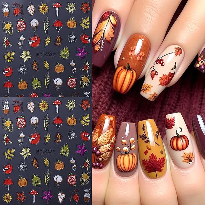 2Sheet Thanksgiving Nail Art Stickers 5D Embossed Autumn Maple Leaves Pumpkin Designs Nail Decals Self-Adhesive Fall Fruit Fox Nail Sticker Butterfly Mushroom Nail Decal for Women Nails Decor Supplies