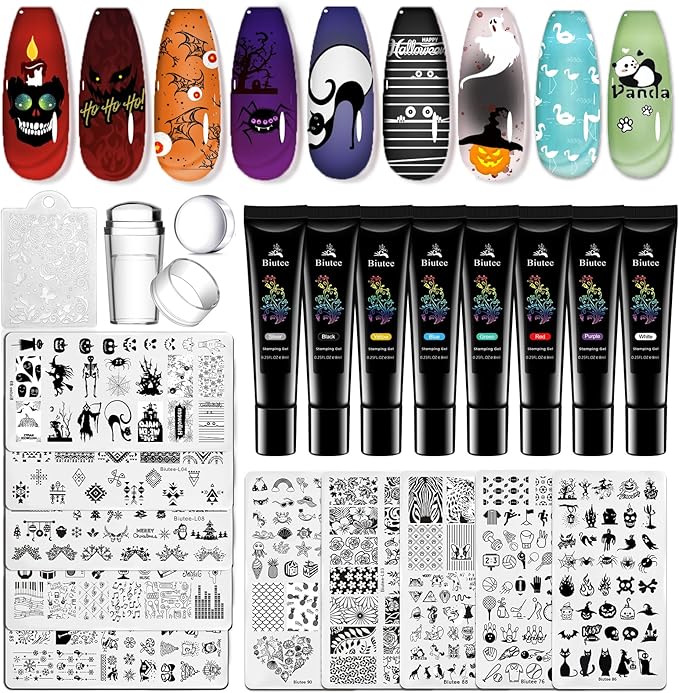 Biutee Nail Stamping Plates 8PCS Nail Stamping Polish Gel and Nail Stamper Kit 10 PCS Nail Art Stamper Plates, French Flower Leaves Animal Lace Halloween Design (10 PCS Plates With 8 PCS Gel)