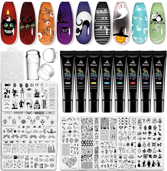 Biutee Nail Stamping Plates 8PCS Nail Stamping Polish Gel and Nail Stamper Kit 10 PCS Nail Art Stamper Plates, French Flower Leaves Animal Lace Halloween Design (10 PCS Plates With 8 PCS Gel)