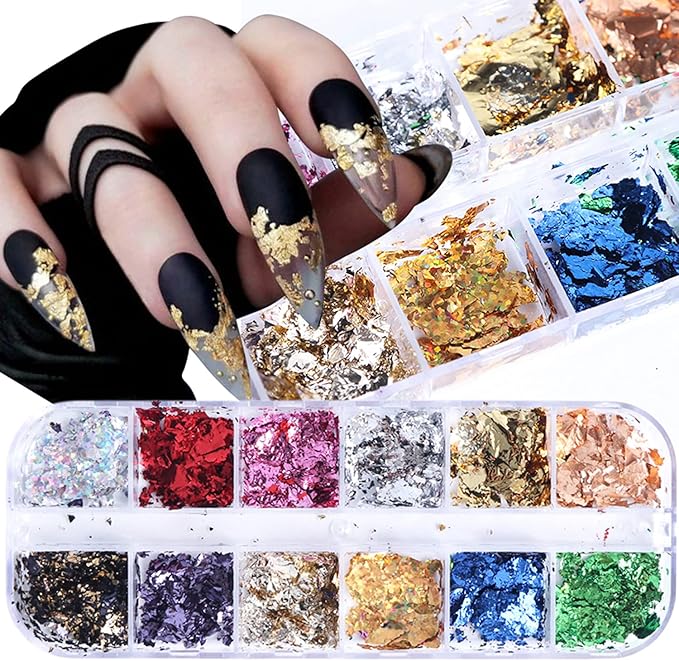12 Colors Holographic Glitter Foils Laser Sequins Ultra-Thin Film for Nail Designs Acrylic Supplies Manicure Tips Charm Decorations DIY Shiny Art Stickers for Women Girls