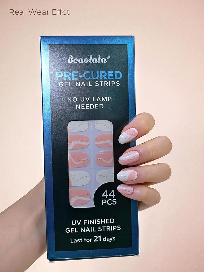 Pre Cured Gel Nail Strips - 44PCS Salon Quality Gel Nail Stickers - Long Lasting Polish Wraps for Women no UV Light Needed Easy Apply& Remove (Marble Pink)