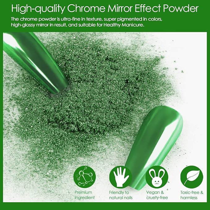 Allstarry Green Chrome Nail Powder, 4 Colors Mirror Effect Metallic Pigment Manicure Holographic Glitter Dust Kit for Gel Polish St Patricks Day Nail Art St Patty's Day Accessories - Forest Afterglow