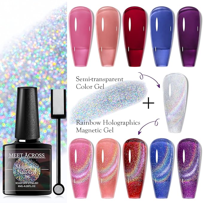 MEET ACROSS Rainbow Cat Eye Gel Nail Polish 5 Colors Jelly Magnetic Cat Eye Gel Nail Polish Set Soak Off UV LED Light Nail Kit Gift Box with Free Magnet Stick for Home DIY Manicure Varnish Art Design