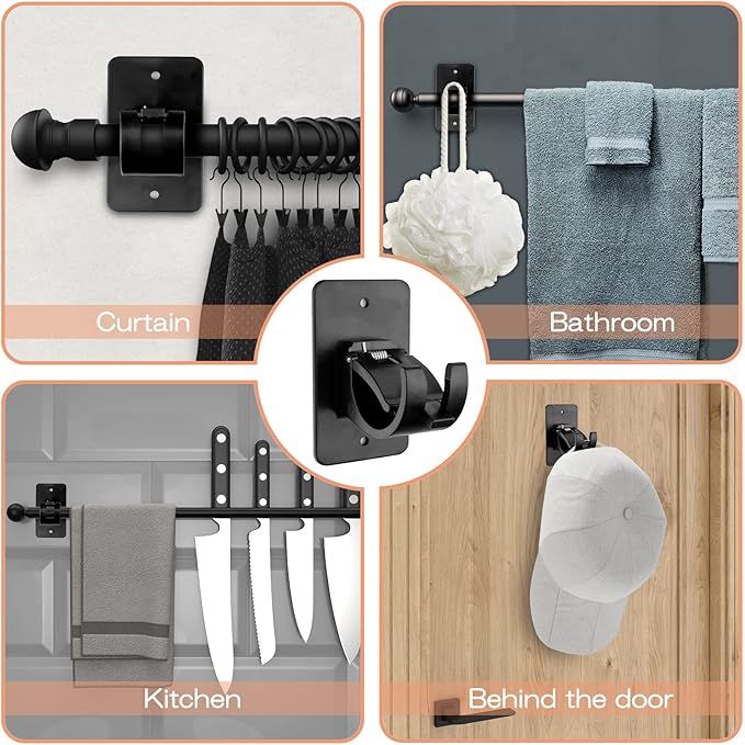CIEMGNZOC 6-Pack Curtain Bracket Holders, Universal Self-Adhesive Wall Mounts, Fits 0.6'' to 1.5'' Rods, Black