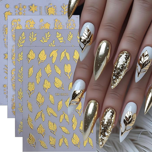 Fall Maple Leaves Nail Art Stickers for Thanksgiving, Gold Maple Leaves Nail Decals 3D Self-Adhesive with Gold Flowers Leaf Design 4Pcs Fall Glitter Nail Art Supplies for Women Nail Decoration