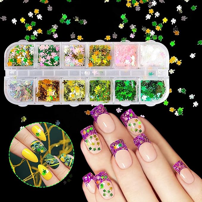 St. Patrick's Day Nail Art Glitters Green Clover Flakes Nail Sequins 3D Shamrocks Nail Art Glitter Design Holographic Leaf Sequin Nails Supplies Shine Lucky Nail Art Stickers Decorations DIY Crafts
