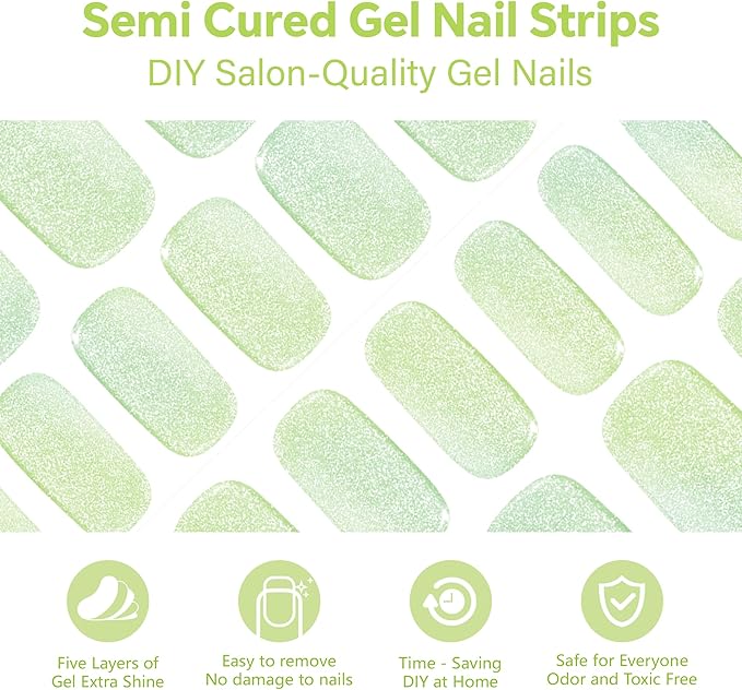Semi Cured Gel Nail Strips-Salon Quality Semi-Cured Gel Press On Nails Stickers Quick DIY Nail Art Manicure Kits for Women at Home Works with Any UV/LED Lamps(Golden Aurora)